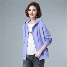 女士拉链纯棉上衣2021春秋季新款连帽纯色抽绳全棉通勤短款外套，女装短外套，伊满意