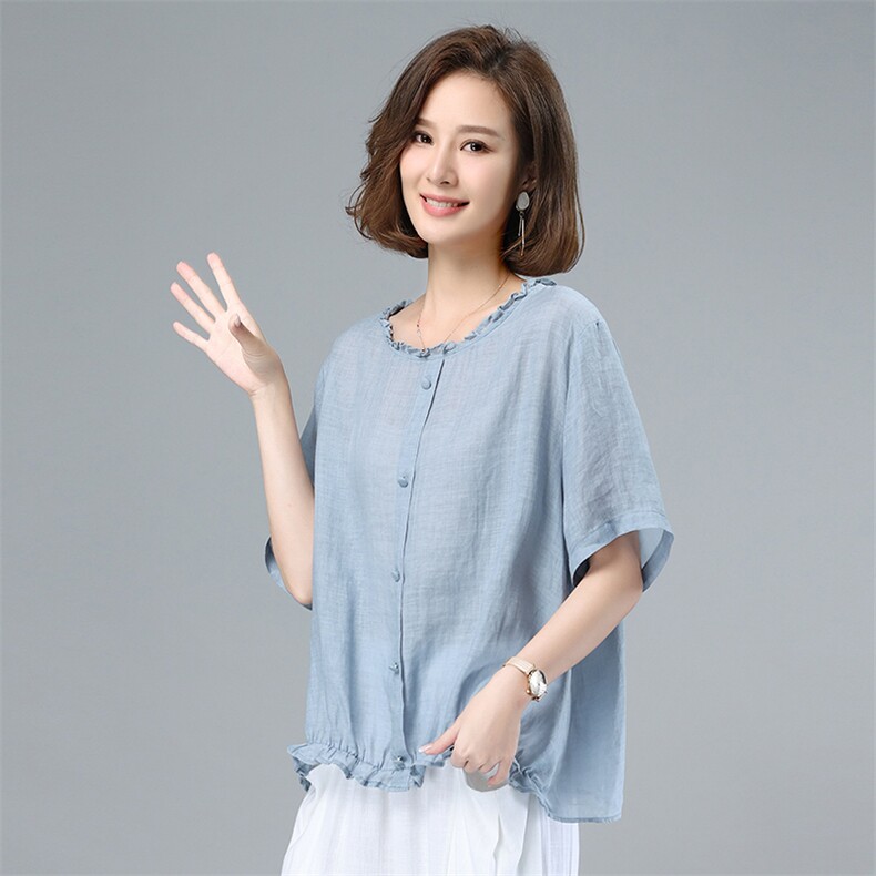 2021夏季时尚简约大方气质优雅圆领舒适五分袖衬衫T恤,女装衬衫,叶笙衣