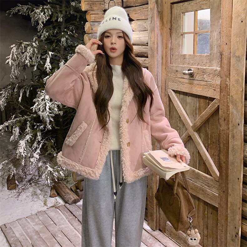 雪景甜美粉色皮毛一体绒外套显瘦短款冬季保暖上衣,女装短外套,天使之佳话