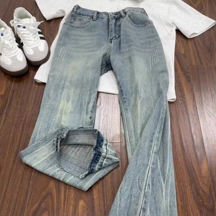 1506/QB1760/P48美式复古水洗蓝色牛仔潮牌直筒阔腿微喇裤子,男装休闲裤,星座1506