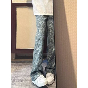 字母提花满印牛仔裤男女2025夏季度假穿搭新款微喇裤子 N2122图片