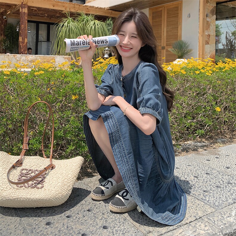 复古宽松薄款夏天牛仔裙连衣裙2025新款女减龄休闲大码中长裙子潮,女装连衣裙,钱塘布衣