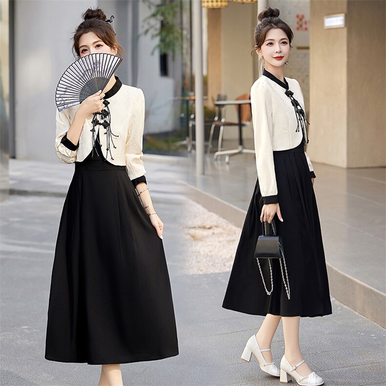 现货2024春装新款时尚潮流简约气质两件套中式盘扣高级感套装套裙，女装套装/套裙，然然