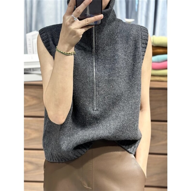 马甲秋冬新款半拉链设计坎肩背心翻领女无袖毛衣,女装马甲,丽特绒