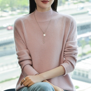 无缝一线成衣~卷边半高领羊绒衫女秋冬毛衣纯色套头针织打底上衣图片