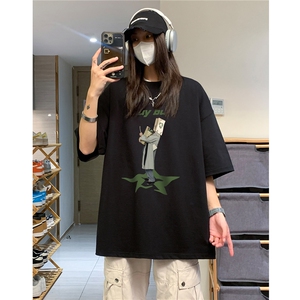 中性 潮牌设计小众宽松圆领人像印花短袖T恤女宽松上衣 H838 P30图片