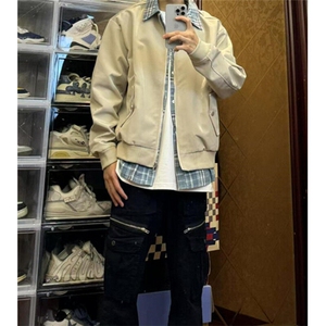美式复古假两件拼接格子衬衫ma1翻领夹克男女 JY206图片