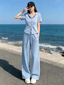 女夏季高级感休闲运动套装蕾丝连帽拉链开衫短袖卫衣阔腿裤两件套图片