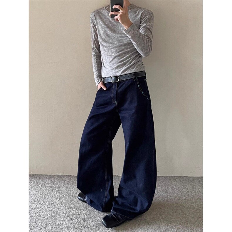 美式复古绿松石拼接原牛弯刀牛仔裤男女宽松阔腿长裤潮WLQ500-P53图片