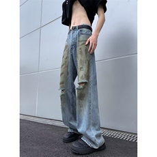 破洞黄泥做旧脏脏水洗宽松百搭夏季薄款直筒牛仔裤男女55055-p50，男装牛仔裤，星座1008