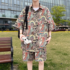 夏季海边沙滩男女同款休闲套装潮牌宽松大码XZ102B-1-TZ2560P55，男装休闲套装，星座102B-1