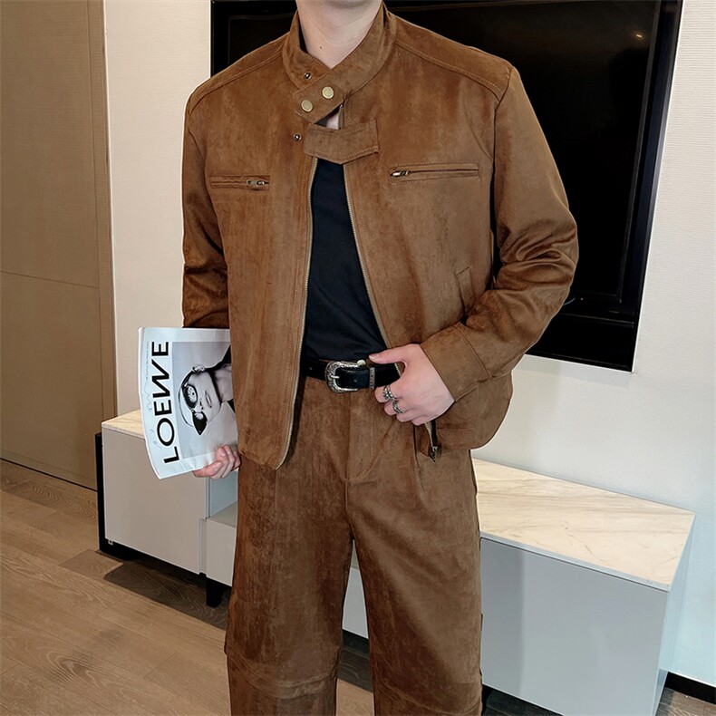 秋冬短款立领加绒麂皮绒机车夹克阔腿弯刀裤套装两件套TZ269P210，男装休闲套装，电商B267