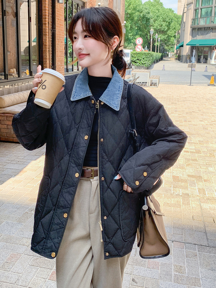 黑色菱格羽绒棉服女2024冬宽松韩版洋气超好看拼接翻领牛仔小棉袄,女装棉衣/棉服,C位