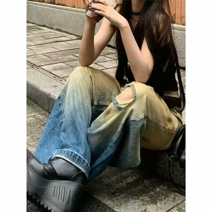 美式复古脏脏破洞牛仔裤女2025春夏新款街头废土风水洗直筒长裤子图片