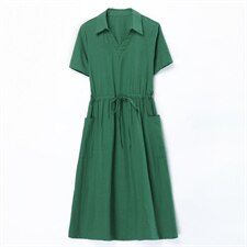 2021夏季新款简约时尚气质V型翻领抽绳系带收腰中长款连衣裙，女装连衣裙，鑫鑫格