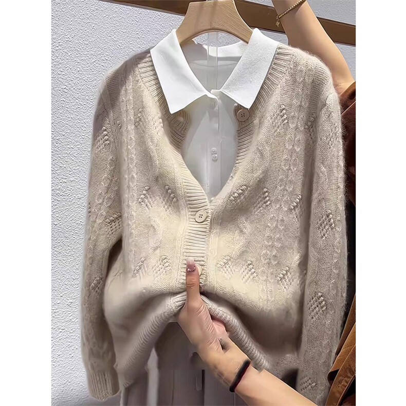 秋季新款女装宽松显瘦V领毛衣开衫简约百搭针织外套,女装羊毛衫,宇灿羊绒