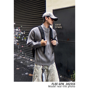 5527-P80美式复古宽松氛围感拉链圆领针织毛衣开衫外套图片