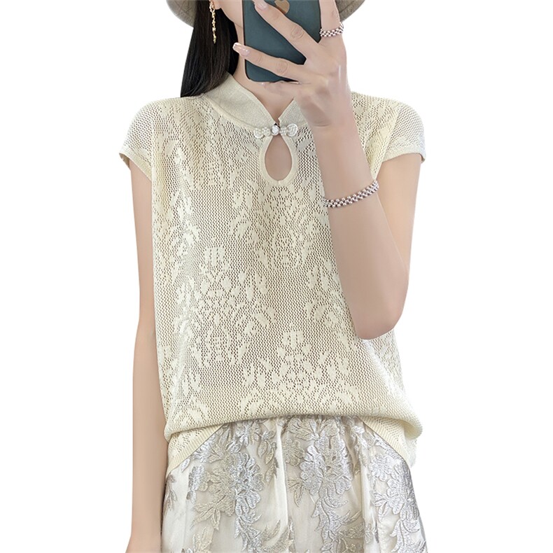 夏季新中式盘扣旗袍领镂空提花冰丝薄短袖T恤女国风针织立领上衣,女装马甲,萱芳婷羊绒