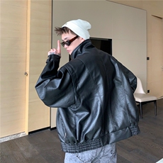 痞帅Pu皮衣小众设计感潮牌双拉链垫肩皮夹克男机车服秋冬高街外套，男装夹克，星座302B-2