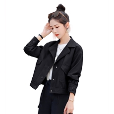 明线装饰pu皮皮衣短款外套女小个子秋季宽松显瘦百搭机车夹克上衣，女装皮衣，凯瑟曼
