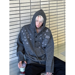 美式复古刺绣绣花连帽针织衫男女秋冬季宽松休闲套头毛衣2209-P68图片