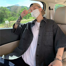 夏季薄款痞帅工装衬衣港风牛仔七分袖日系宽松外套男W3144-P42，男装衬衫，星座512-2