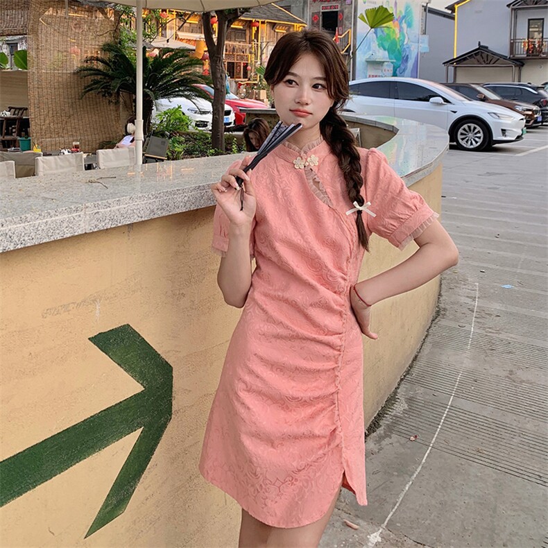 网红超爆风盘扣高端提花旗袍连衣裙P115-K165,女装连衣裙,红龙果