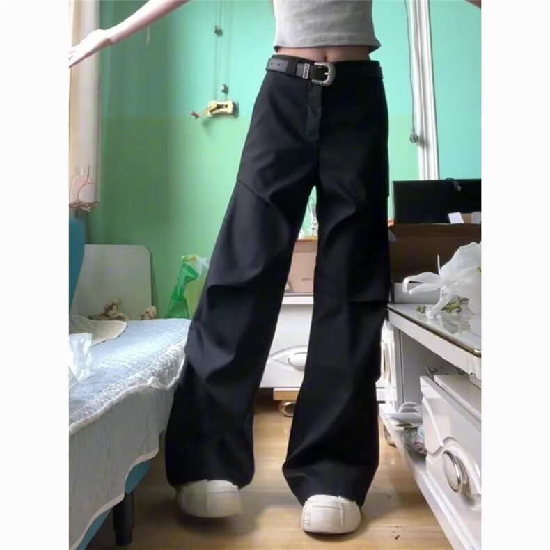 复古美式高街新款宽松直筒微喇裤子男女黑色褶皱高级感休闲西裤图片