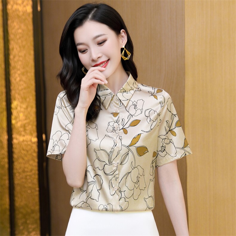 大牌真丝衬衫女短袖印花杭州桑蚕丝上衣衬衣气质小衫半袖2025夏装,女装衬衫,阿舍尔精品