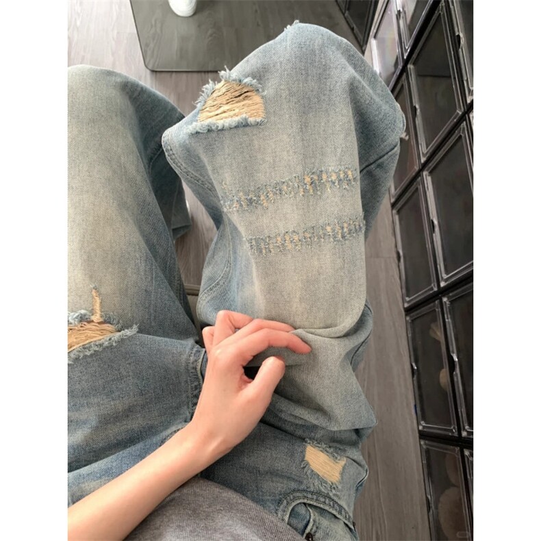 美式高街做旧破洞牛仔裤设计感不规则瘦阔腿长裤,男装牛仔裤,星座1018A