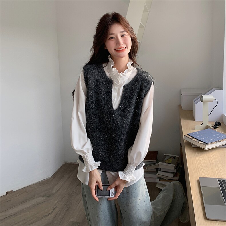 见详情宽松型长袖常规衬衫秋冬女装外穿气质韩版时尚春秋显瘦洋气,女装马甲,维壹