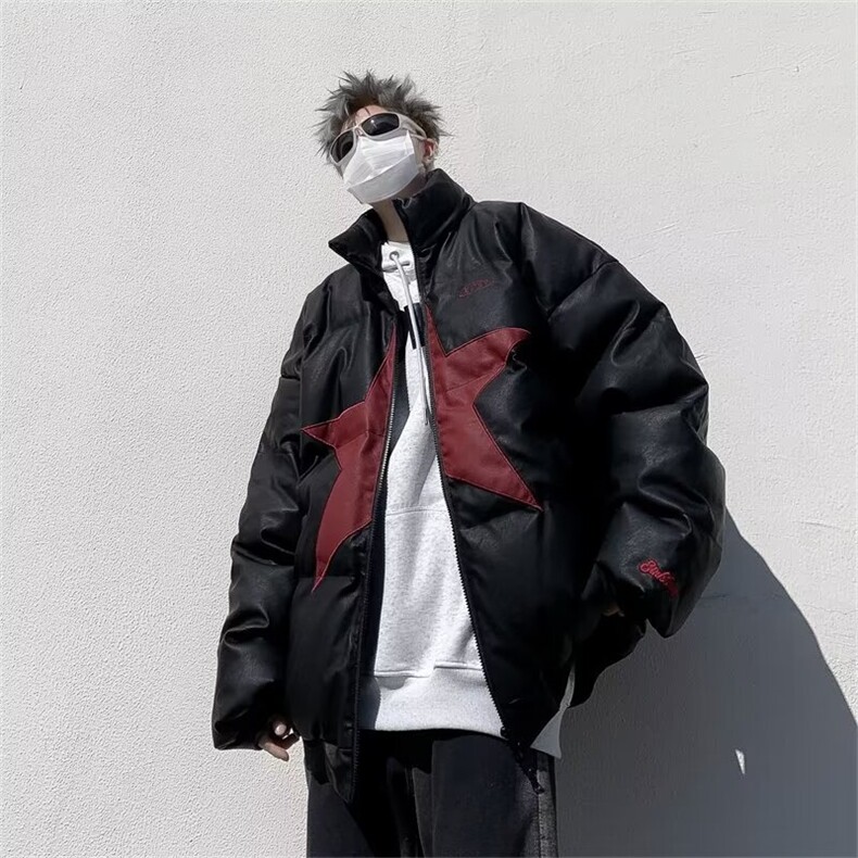 美式高街星星PU皮棉衣男女冬季宽松潮牌情侣棉服外套MF158-P95,男装棉衣,星座412-3