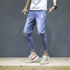 现货九分裤2109春夏日系休闲小脚裤男韩版破洞牛仔裤潮，男装牛仔裤，星座1006