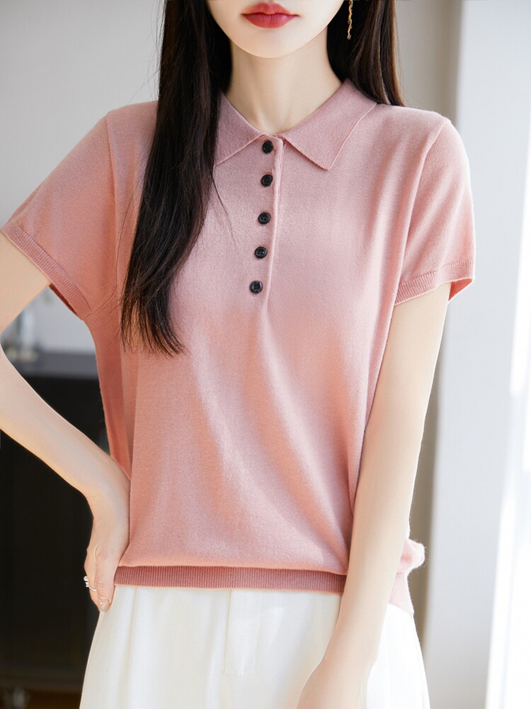 POLO翻领短袖针织T恤女2025夏薄款新款精纺薄款打底小衫t恤衫上衣,针织衫/毛衣,暖烁特种纱工厂店
