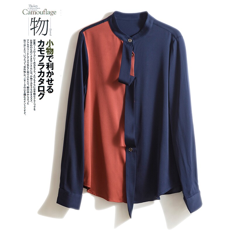 时尚都市拼色优雅真丝衬衫展现女性魅力与自信，女装衬衫，宋氏羊绒