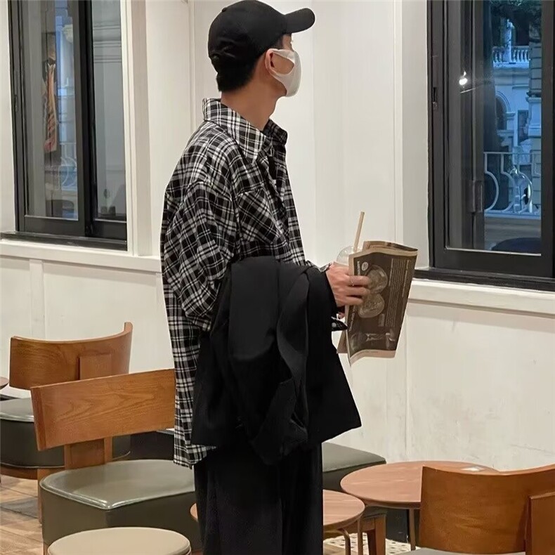 C27-P39春季新款长袖格子衬衫男款日系翻领上衣,男装衬衫,电商B323A
