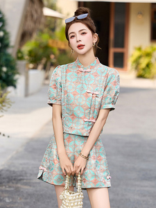 2025春季新款新中式国风印花套装女高级感泡泡袖短袖两件套高级感图片