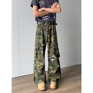 美式水洗做旧迷彩割破宽松多口袋工装牛仔裤微喇男女潮N07627-P62图片