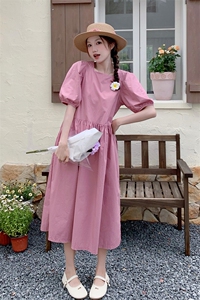 甜美少女风粉色泡泡袖连衣裙女夏季2025新款韩系氛围感显瘦a字裙图片