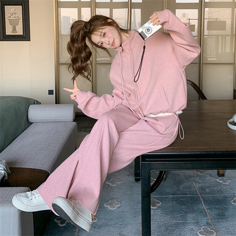 粉色甜美蕾丝花边卫衣套装2025春季新款韩系超火休闲阔腿裤两件套,女装套装/套裙,2C187