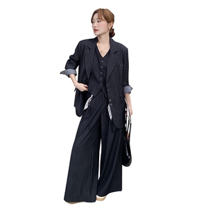 高级感慵懒宽松休闲西装显瘦马甲气质长裤三件套女秋2025新款套装图片