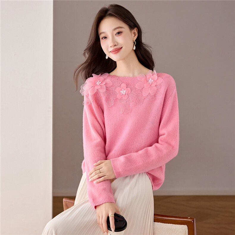 100%羊毛衫2025秋季重工蕾丝钉花宽松一字领针织衫毛衣外穿高端，女装羊毛衫，艾米