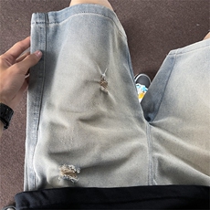 得物品质夏款男牛仔短裤破洞渐变色直筒宽松五分裤D761P38，男装牛仔裤，星座1013-1