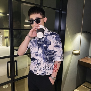 312A-119-P55 新款社会小伙中袖衬衫韩版潮流男士五分袖衬衣b图片