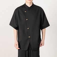 风新款男士大码立领短袖竹子木纹纹扣简约上衣T2522-P60控88，男装衬衫，电商A021