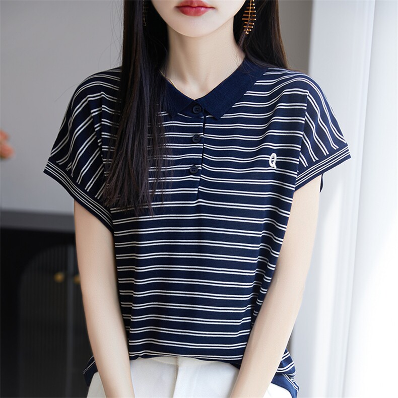 夏季圆领撞色条纹莱赛尔天丝刺绣字母短袖T恤女套头针织半袖上衣,针织衫/毛衣,郡淞羊绒