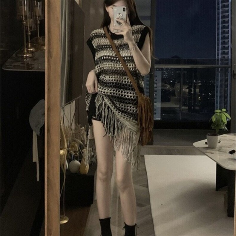 缕空针织吊带背心女2025年夏季法式高级感小众外搭中长款无袖马甲,女装连衣裙,星座506A