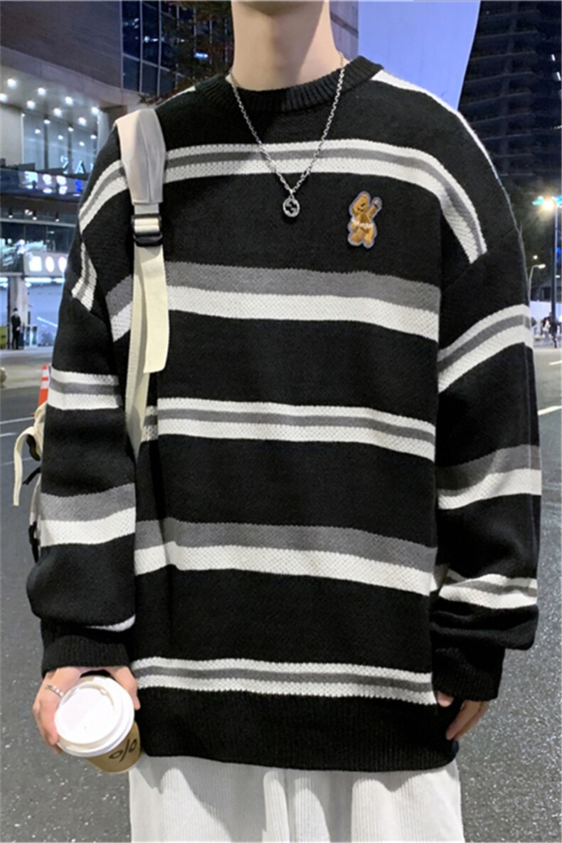 Q条纹毛衣男秋冬季港风ins潮流宽松慵懒风情侣针织线衣M385-P40,男装针织衫/毛衣,星座512-3