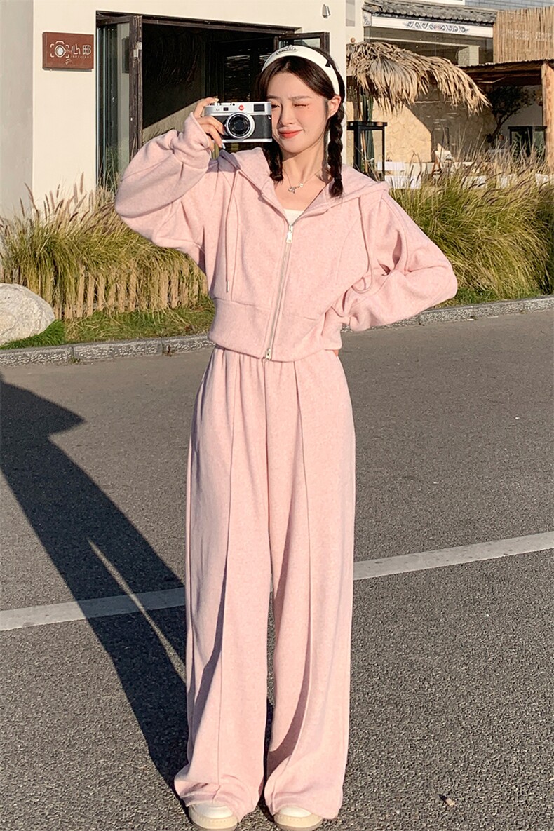 休闲运动穿搭粉色卫衣套装女春秋2025新款超火多巴胺阔腿裤两件套,女装套装/套裙,2C187