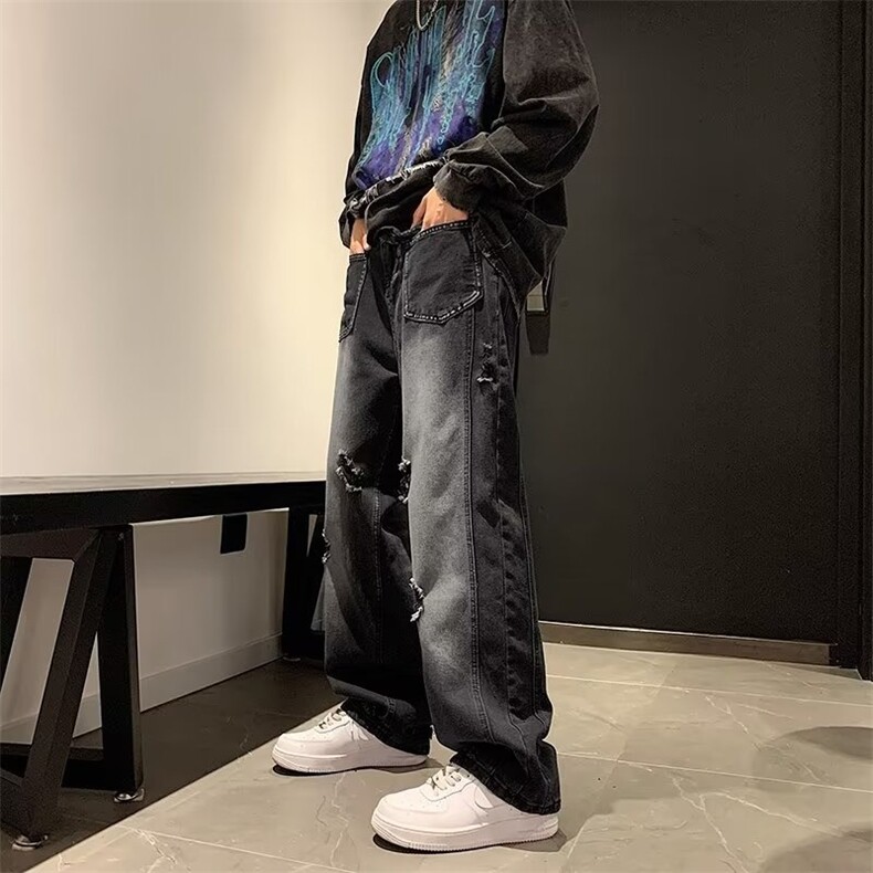 高街破洞ins美式复古牛仔裤男秋季帅宽松直筒休闲长裤RK2055-P40,男装牛仔裤,星座412-3